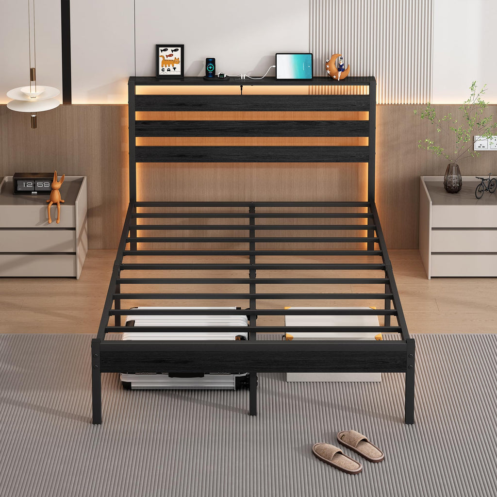 14 Inch Metal Platform Bed Frame with Headboard and USB Charging Station P5218