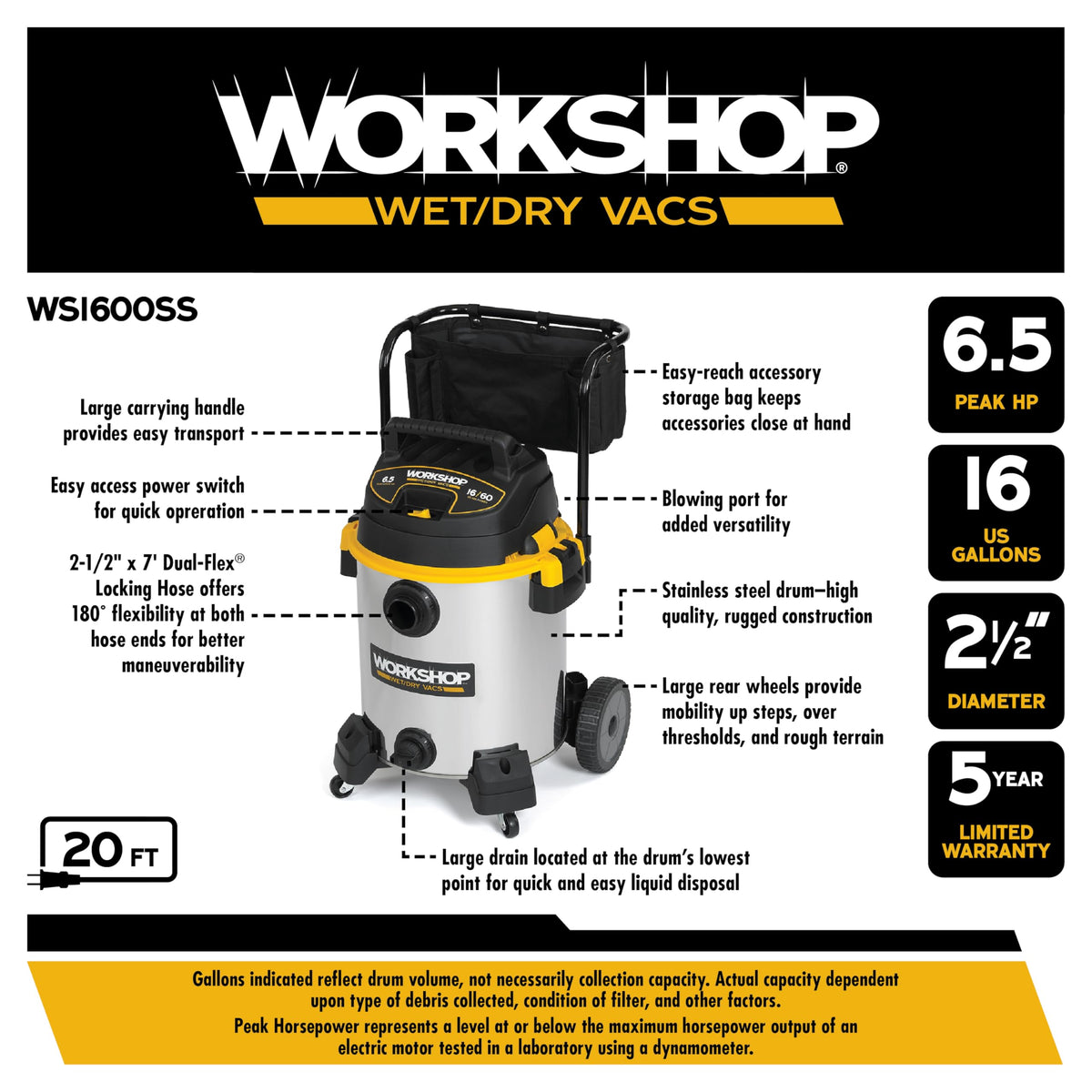 16-Gallon 6.5 Peak HP Wet Dry Vacuum Cleaner X67871