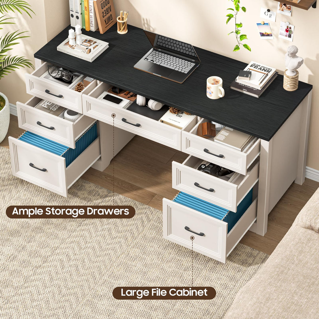 Black Wood Executive Desk with 2 File Drawers and 5 Storage Cabinets G353168
