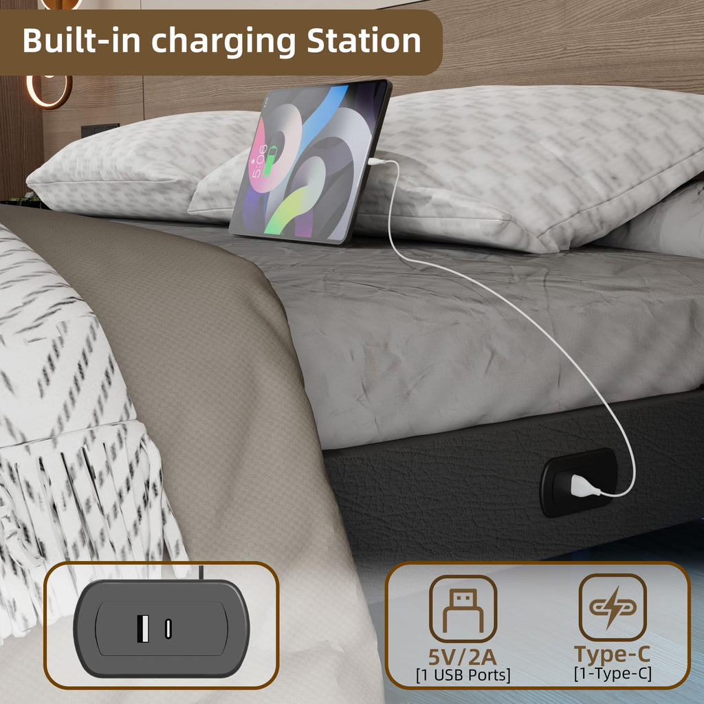 Black Floating Upholstered Platform Bed Frame Full Size with LED Lights and Charging Station L494
