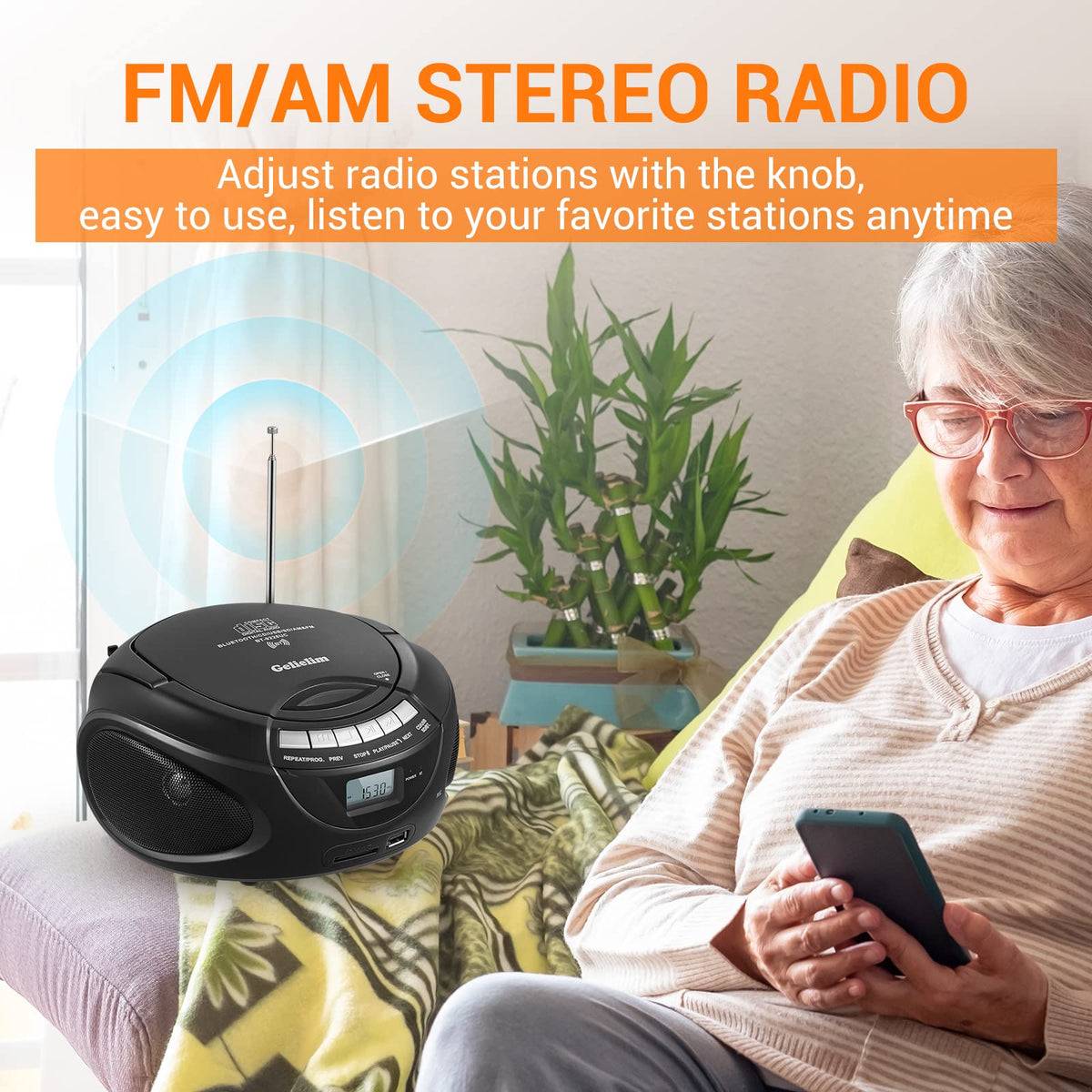 Portable CD Boombox with AM/FM Radio, Bluetooth, USB, SD Card, LCD Display, Black B999326