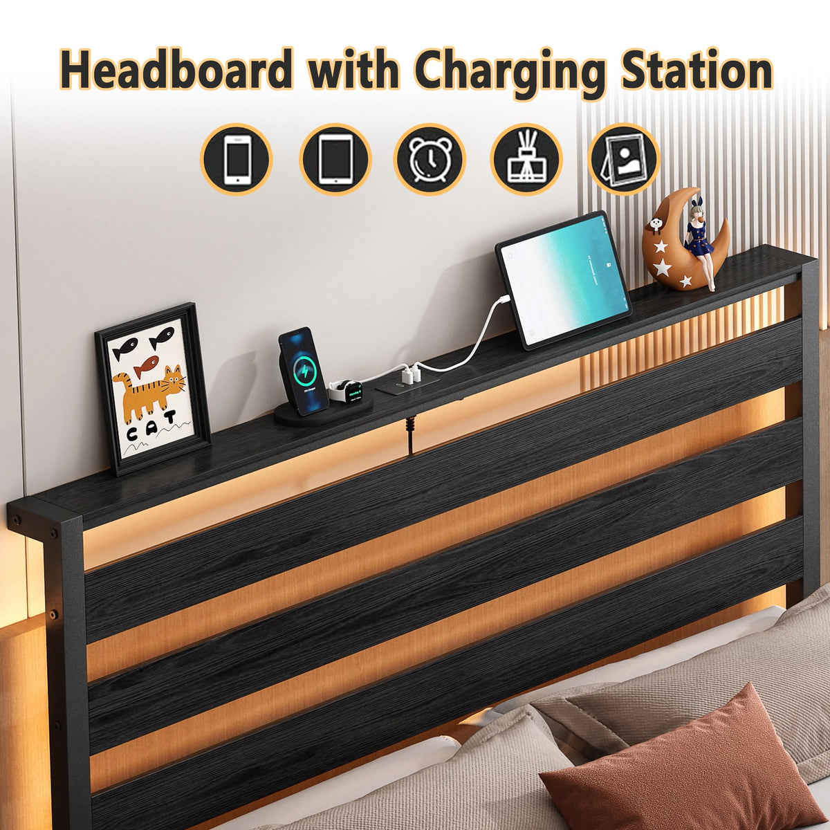 14 Inch Metal Platform Bed Frame with Headboard and USB Charging Station P5218