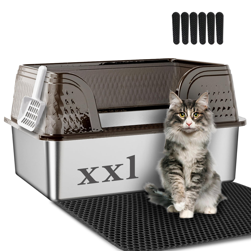 XXL Stainless Steel High Sided Cat Litter Box with Mat & Scoop Y991764