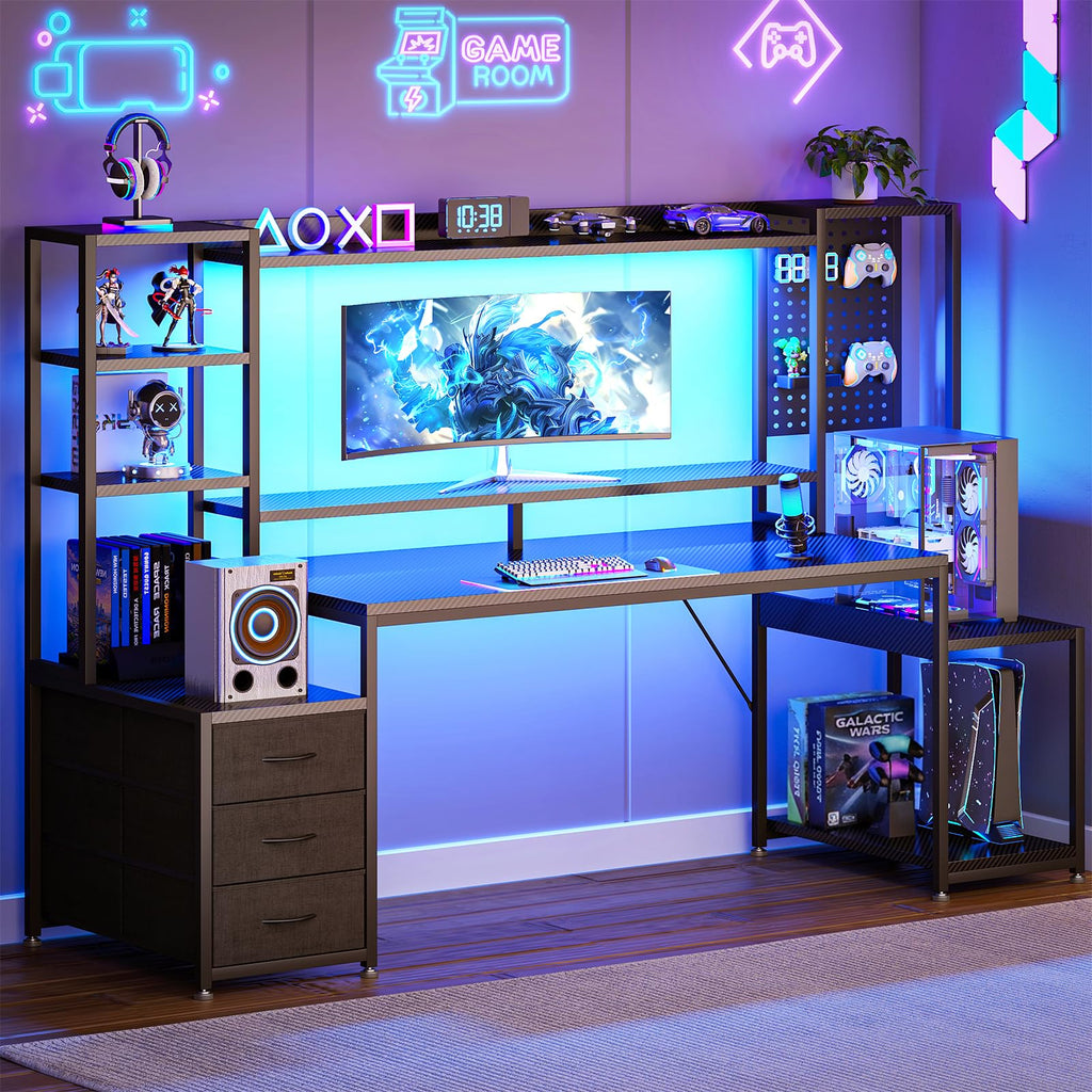 67 Inch Gaming Desk with Storage Shelves, 3 Drawers, LED Lights, Hutch Z781