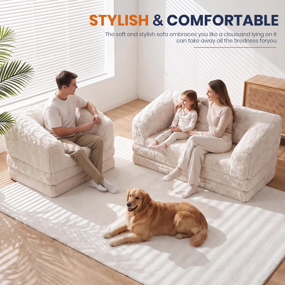 Convertible Folding Sofa Bed, 2 in 1 Portable Floor Couch & Foam Mattress with Handle, Space-Saving Faux Fur Futon Chair for Living Room, Bedroom, Guest Room (Loveseat, Beige) P217
