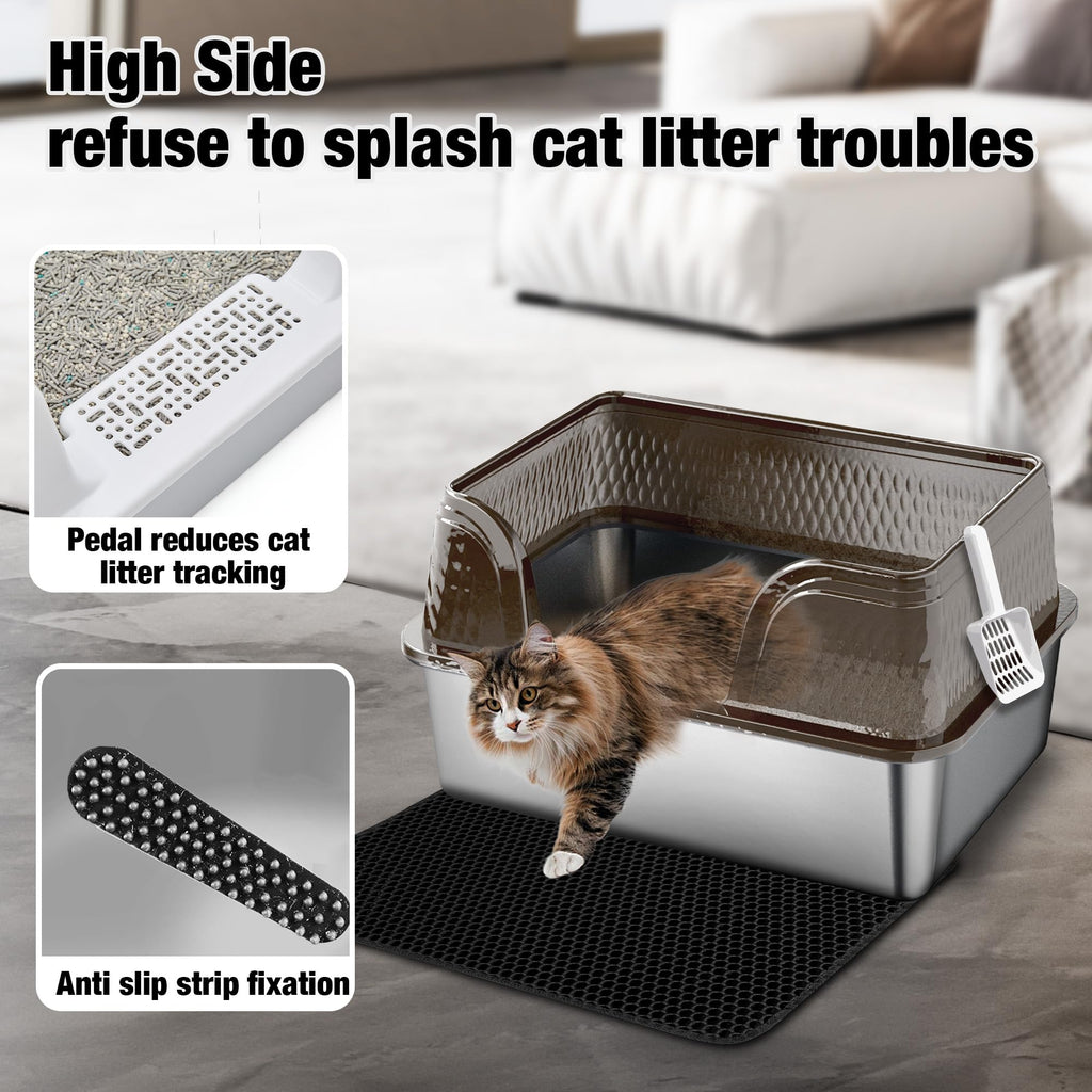 XXL Stainless Steel High Sided Cat Litter Box with Mat & Scoop Y991764