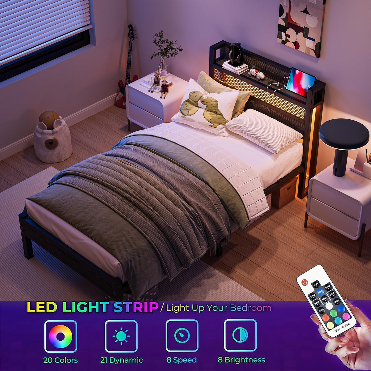 Black Metal Twin Size Bed Frame with Charging Station and LED Lights U58838
