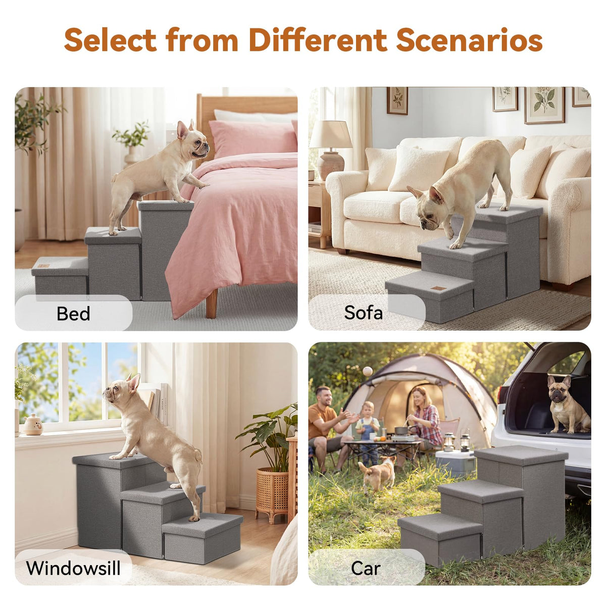 Grey 3 Steps Dog Stairs with Storage B19808
