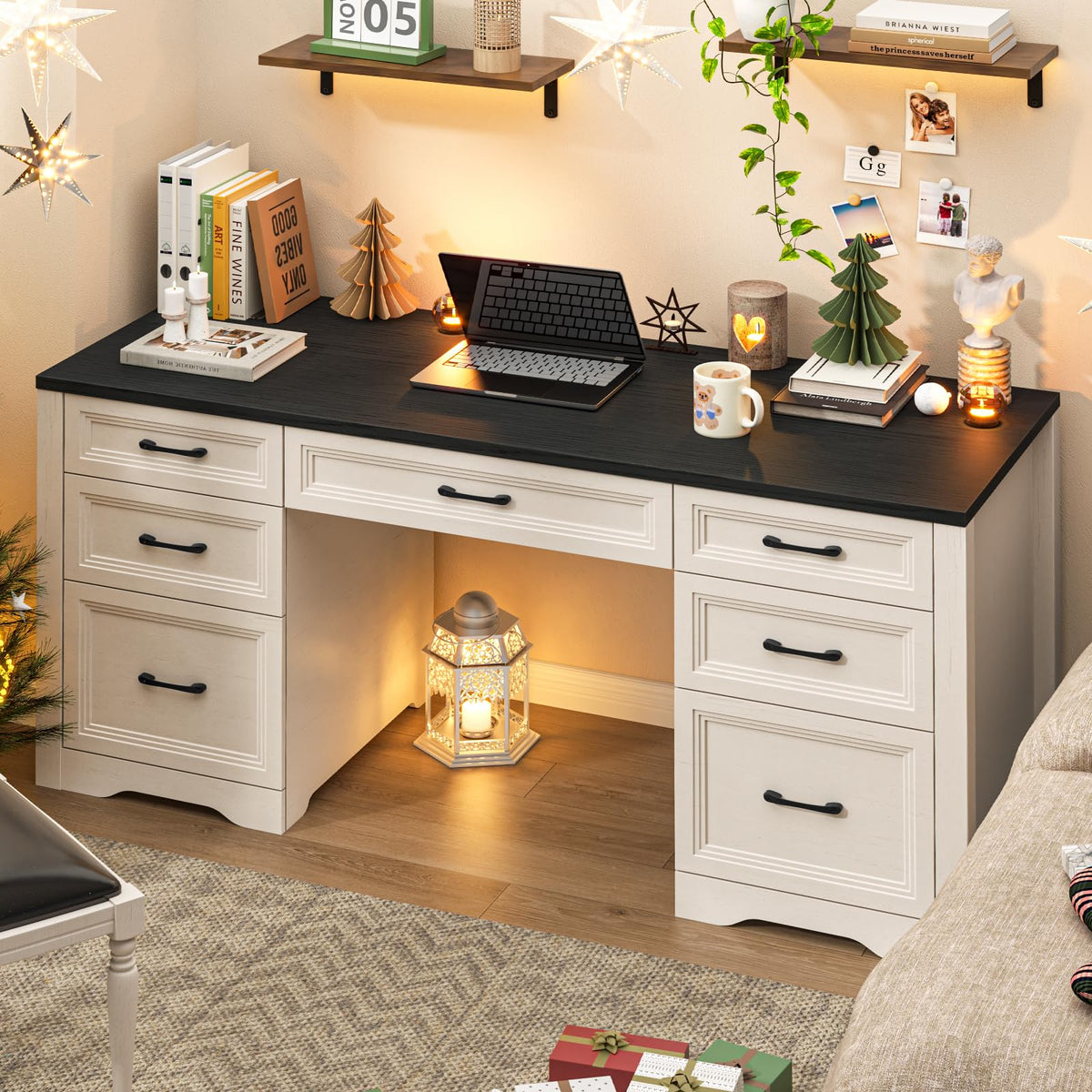 Black Wood Executive Desk with 2 File Drawers and 5 Storage Cabinets G353168
