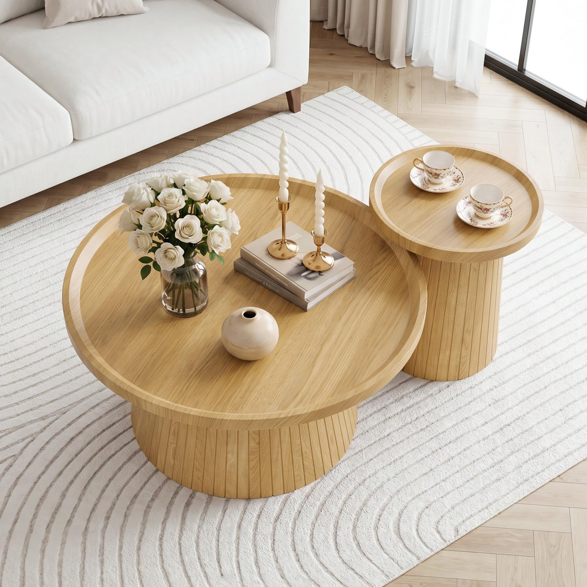 Coffee Table Set of 2 Fluted Drum K758