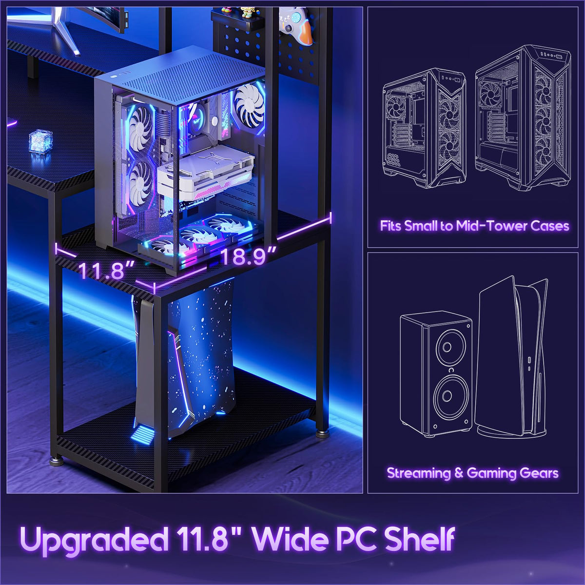 67 Inch Gaming Desk with Storage Shelves, 3 Drawers, LED Lights, Hutch Z781