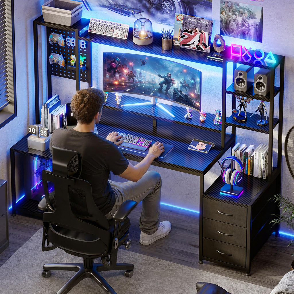 67 Inch Gaming Desk with Storage Shelves, 3 Drawers, LED Lights, Hutch Z781