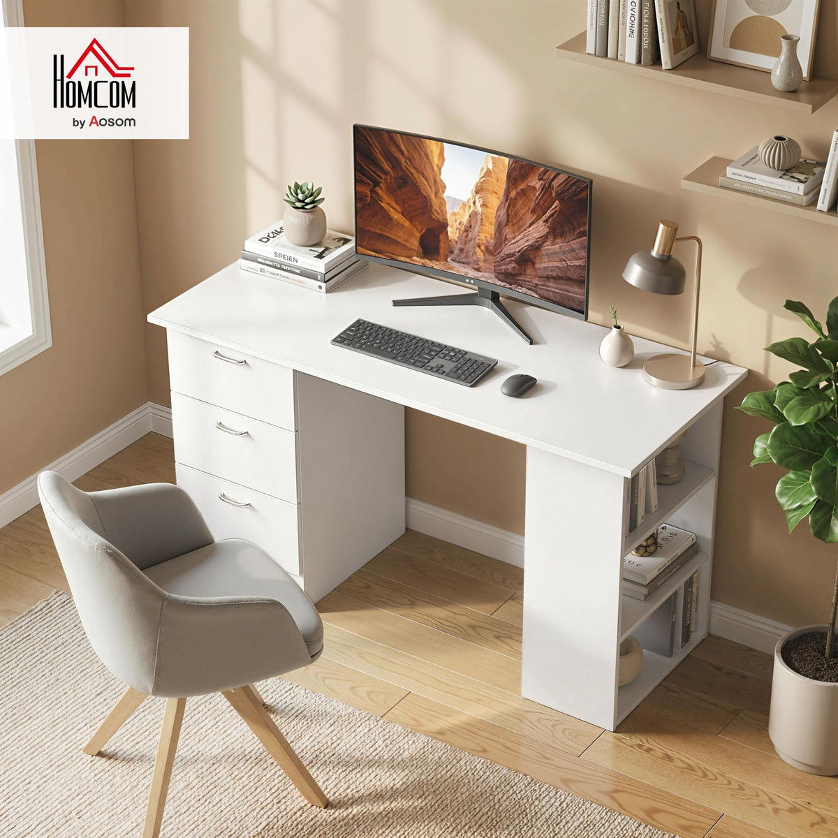 White Computer Desk with Drawers N157