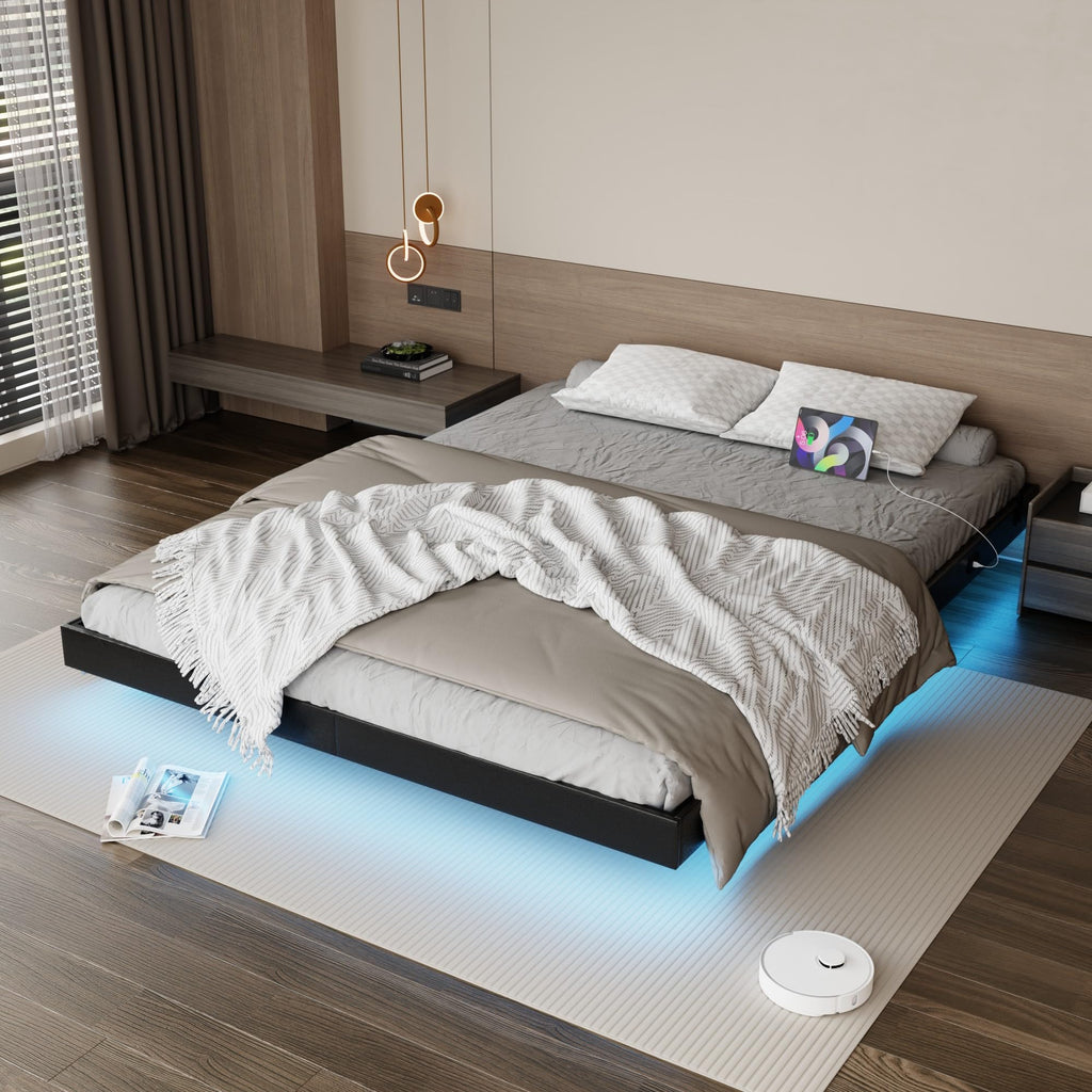 Black Floating Upholstered Platform Bed Frame Full Size with LED Lights and Charging Station L494
