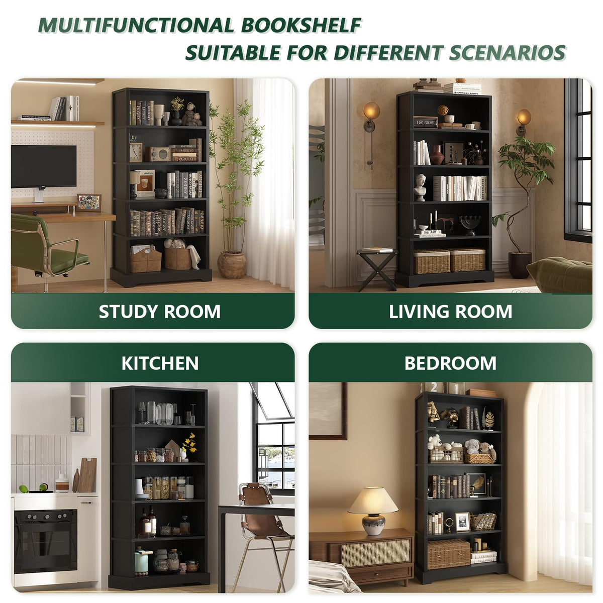 5 Tiers Wooden Bookshelf, 65.2" Tall 31.5" Wide Black Z226049