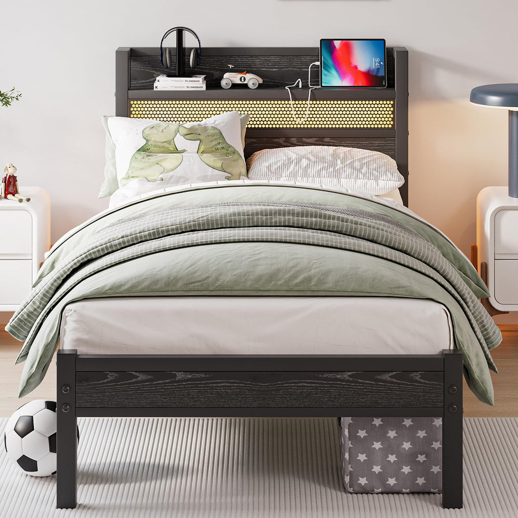 Black Metal Twin Size Bed Frame with Charging Station and LED Lights U58838