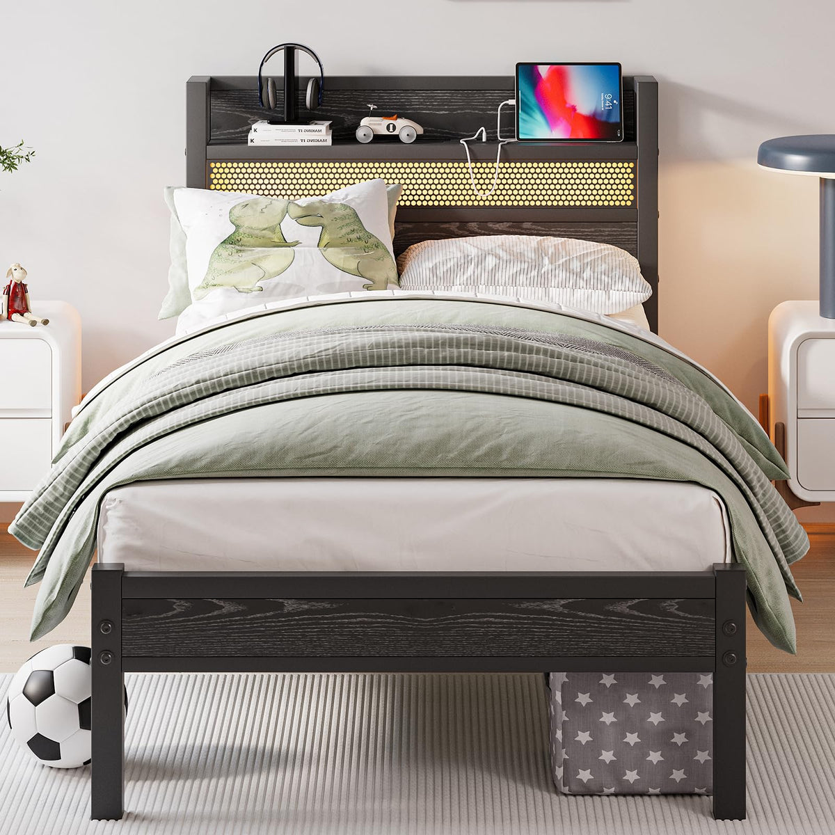 Black Metal Twin Size Bed Frame with Charging Station and LED Lights U58838