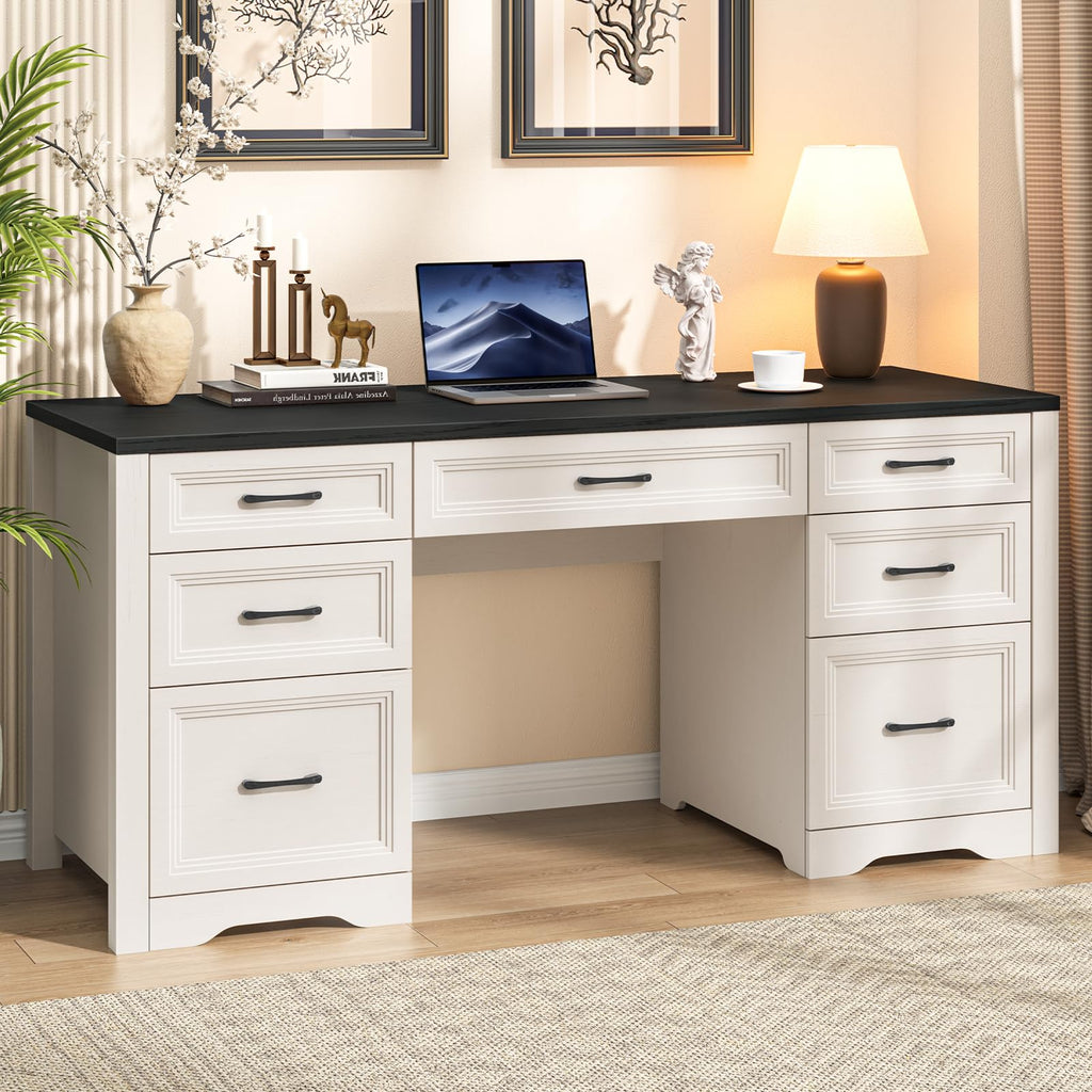 Black Wood Executive Desk with 2 File Drawers and 5 Storage Cabinets G353168