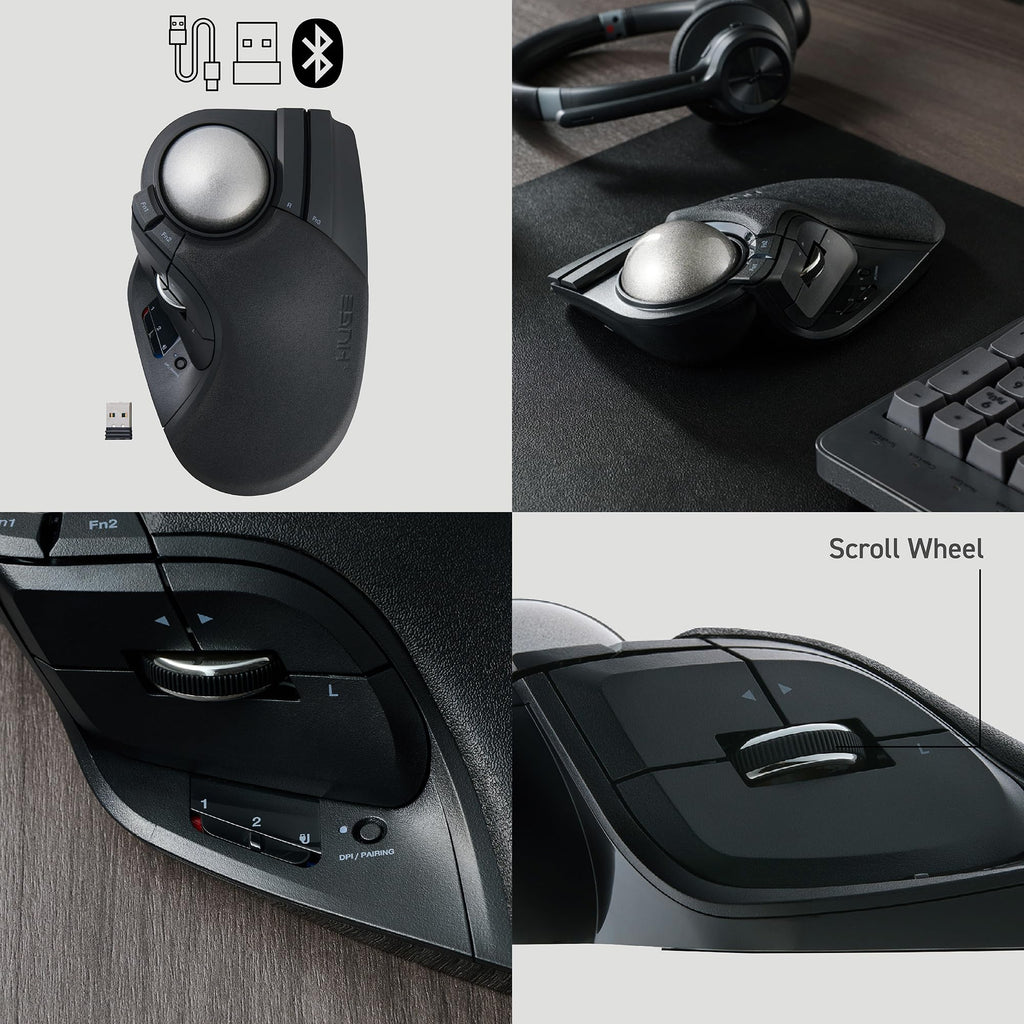 Wireless Trackball Mouse, Ergonomic 52mm Large Ball, Multi-Connection Bluetooth, 2.4GHz Wireless, Wired, 10 Programmable Buttons, Rechargeable, Silent Clicks R768276