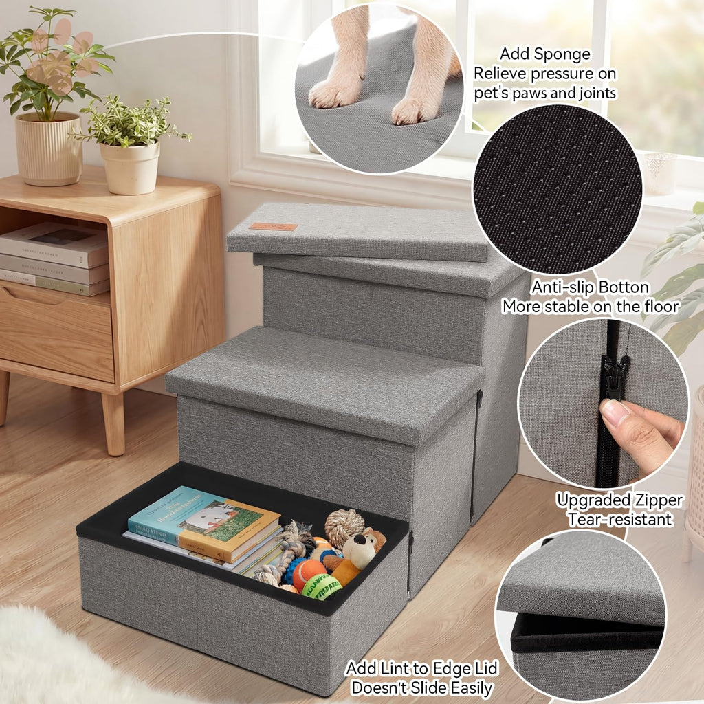 Grey 3 Steps Dog Stairs with Storage B19808