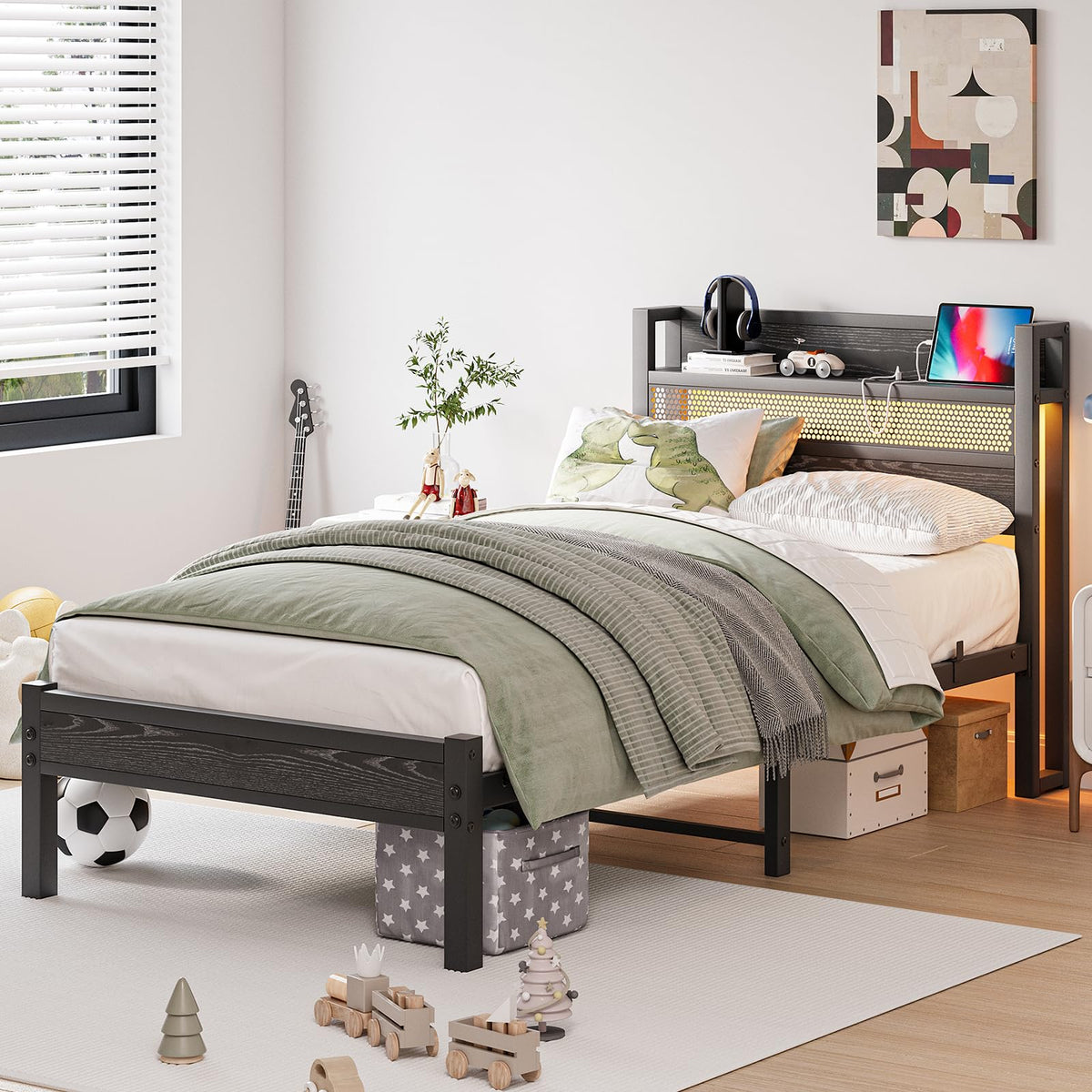 Black Metal Twin Size Bed Frame with Charging Station and LED Lights U58838