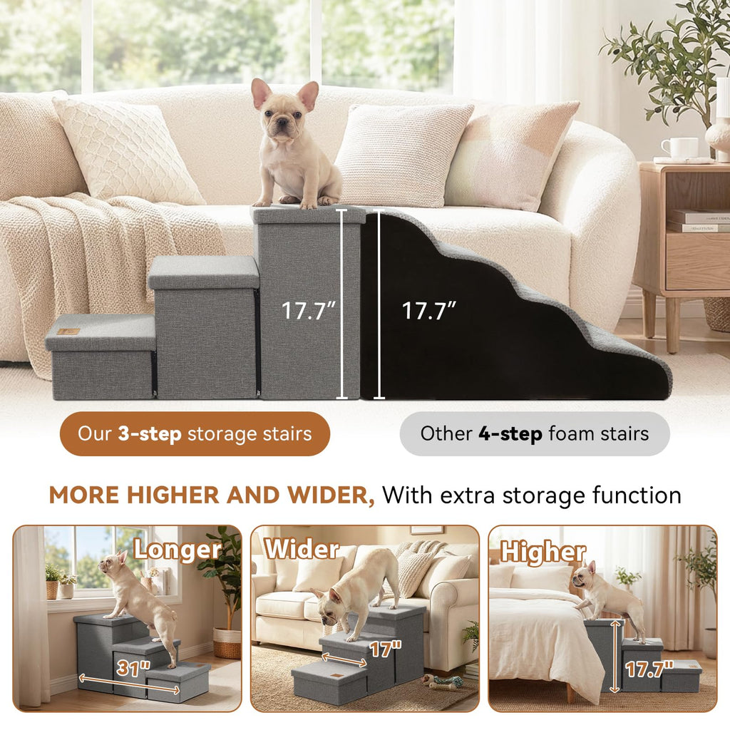 Grey 3 Steps Dog Stairs with Storage B19808