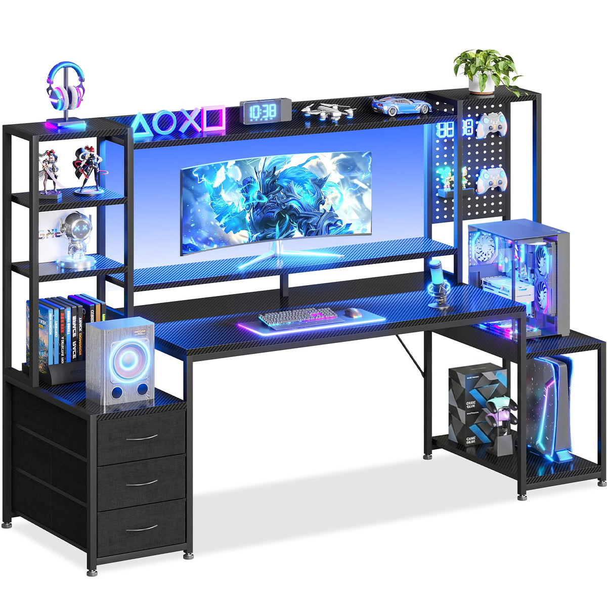 67 Inch Gaming Desk with Storage Shelves, 3 Drawers, LED Lights, Hutch Z781