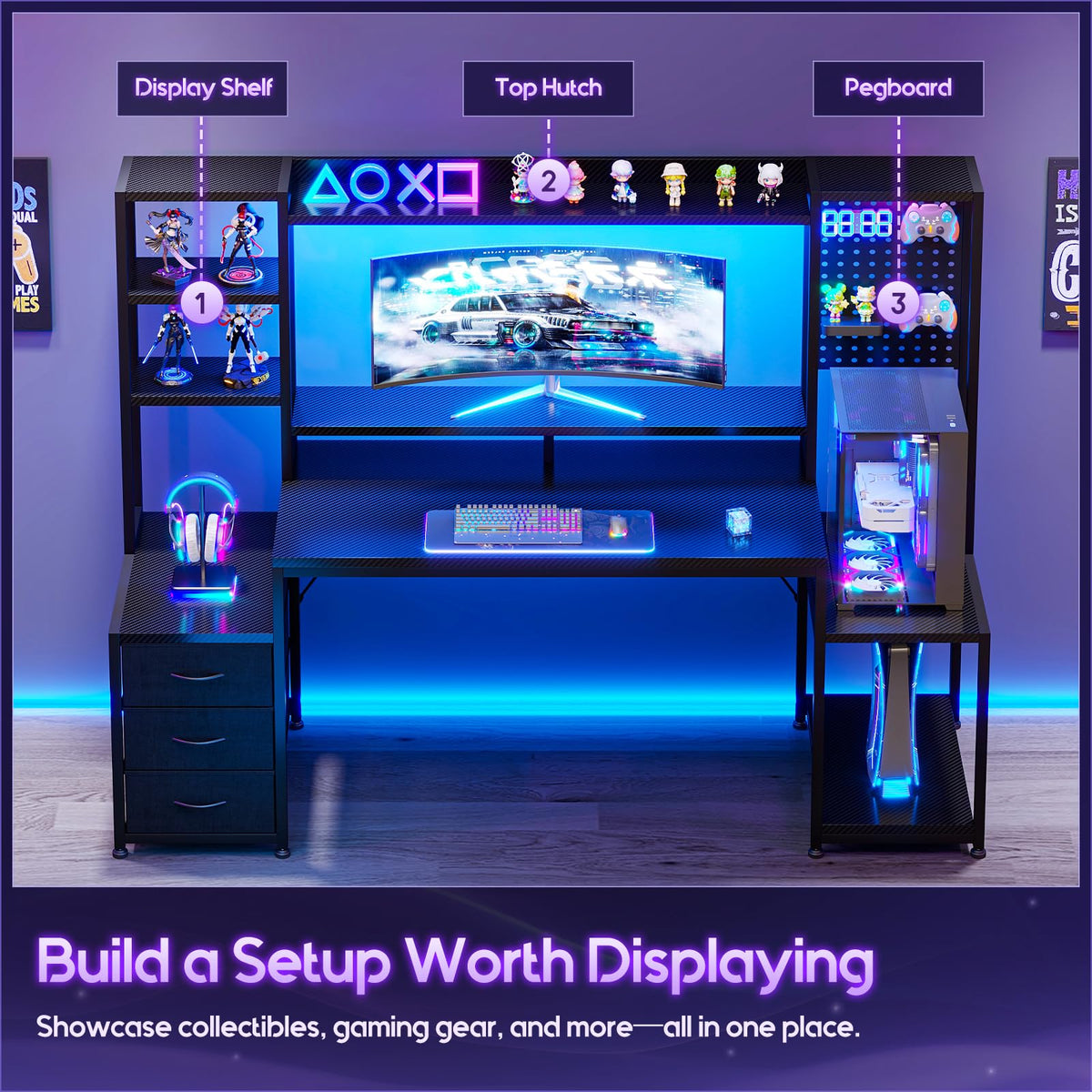 67 Inch Gaming Desk with Storage Shelves, 3 Drawers, LED Lights, Hutch Z781