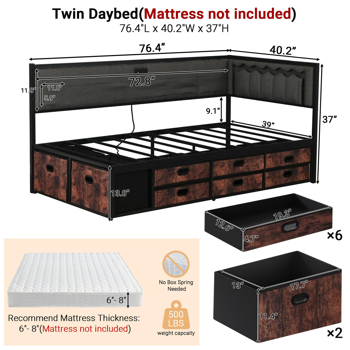 Grey Twin Daybed with Storage U1381