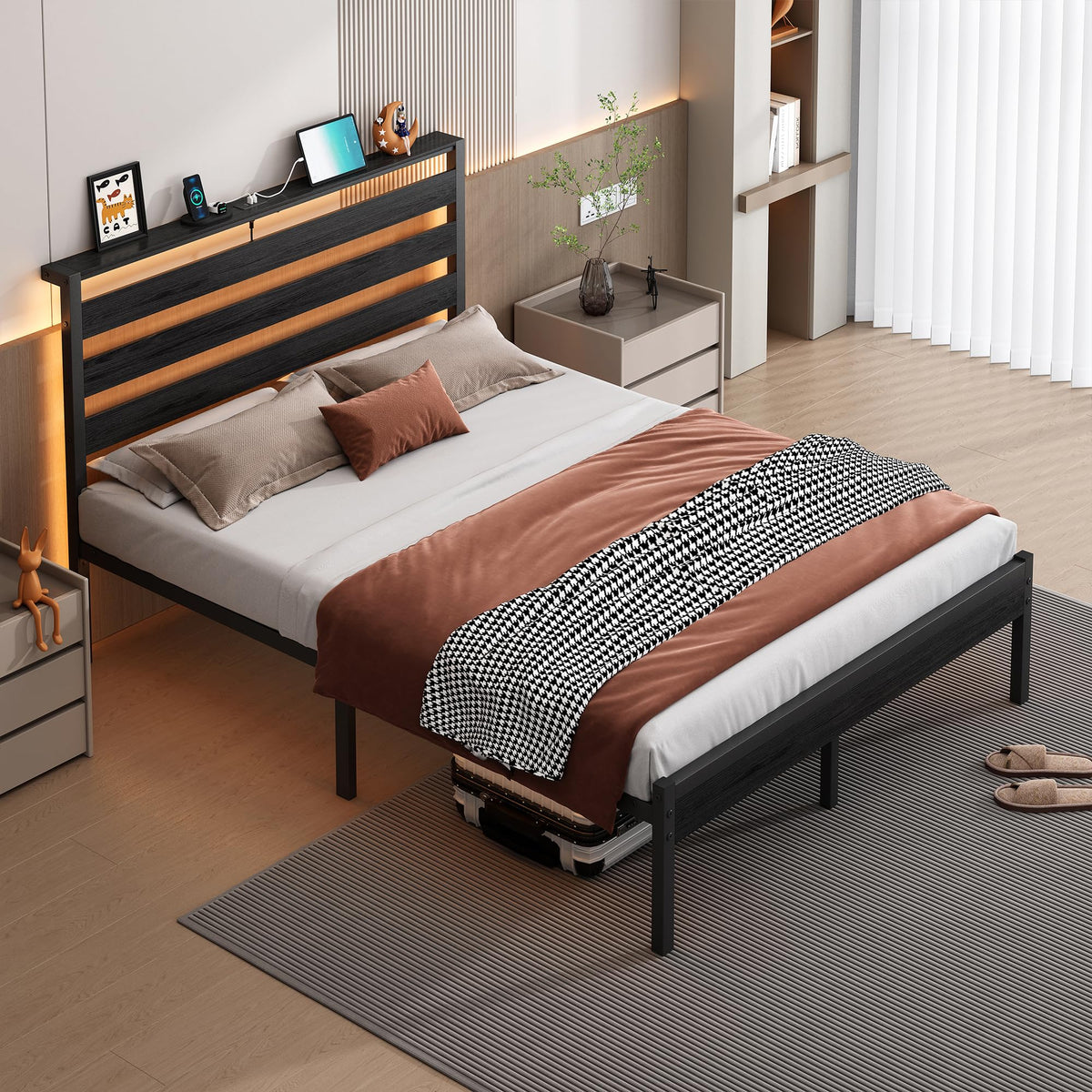 14 Inch Metal Platform Bed Frame with Headboard and USB Charging Station P5218
