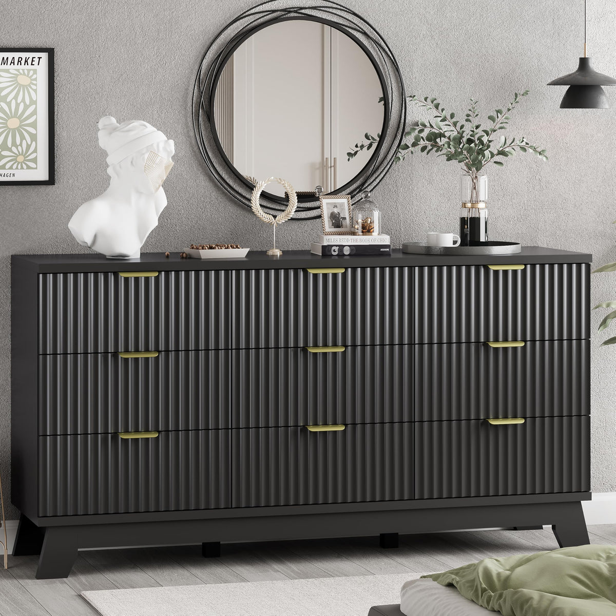 Black 9 Drawer Fluted Wood Dresser N811848