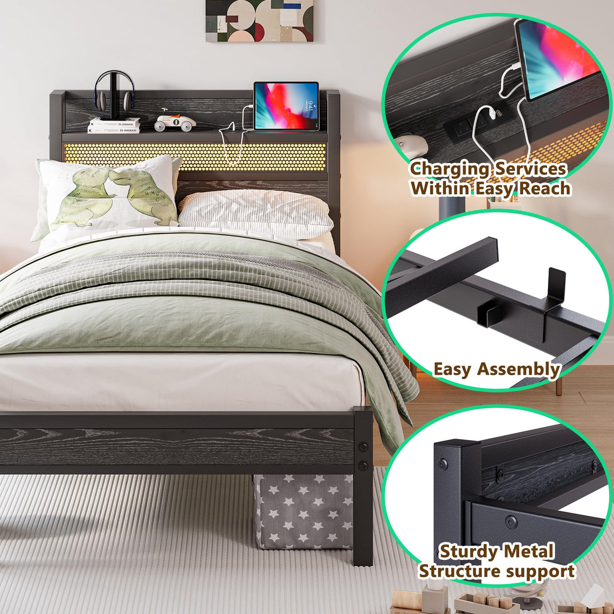 Black Metal Twin Size Bed Frame with Charging Station and LED Lights U58838