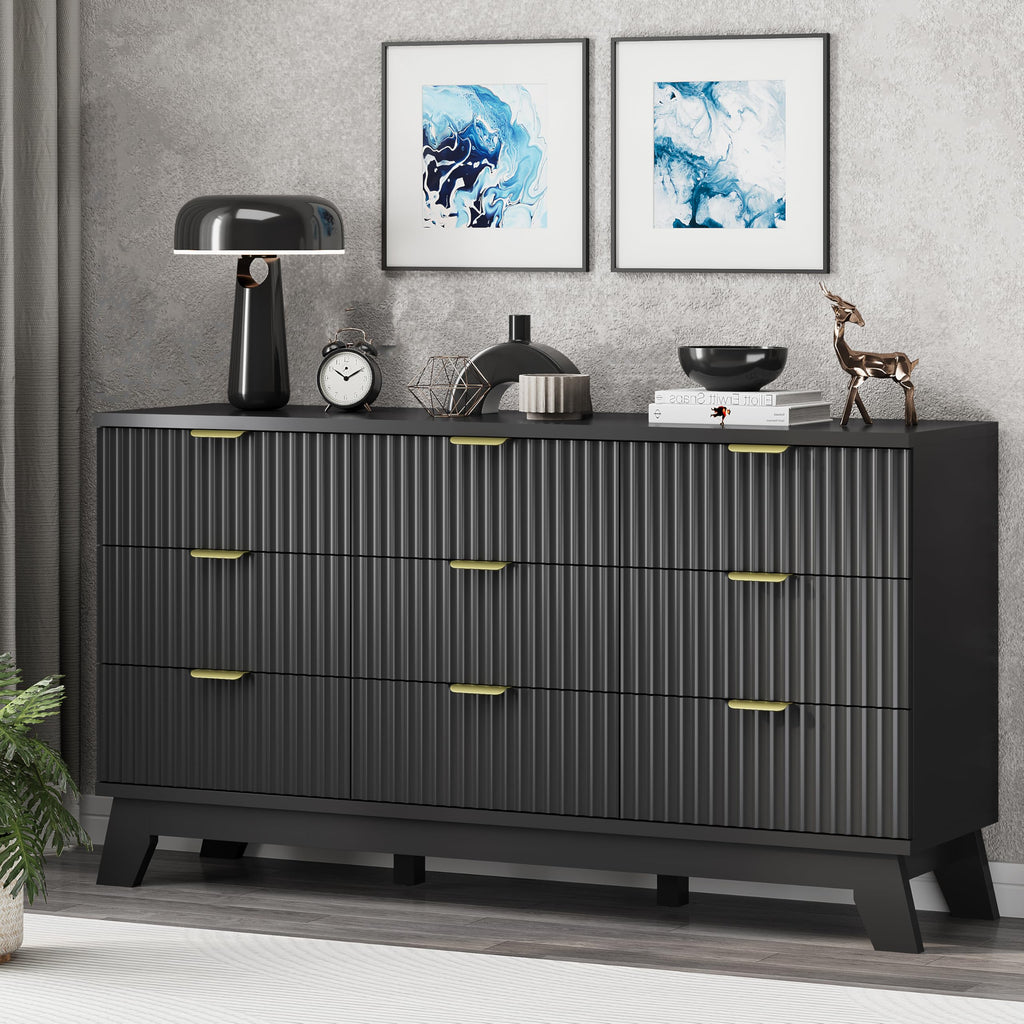 Black 9 Drawer Fluted Wood Dresser N811848