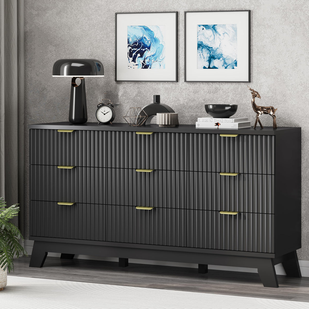 Black 9 Drawer Fluted Wood Dresser N811848