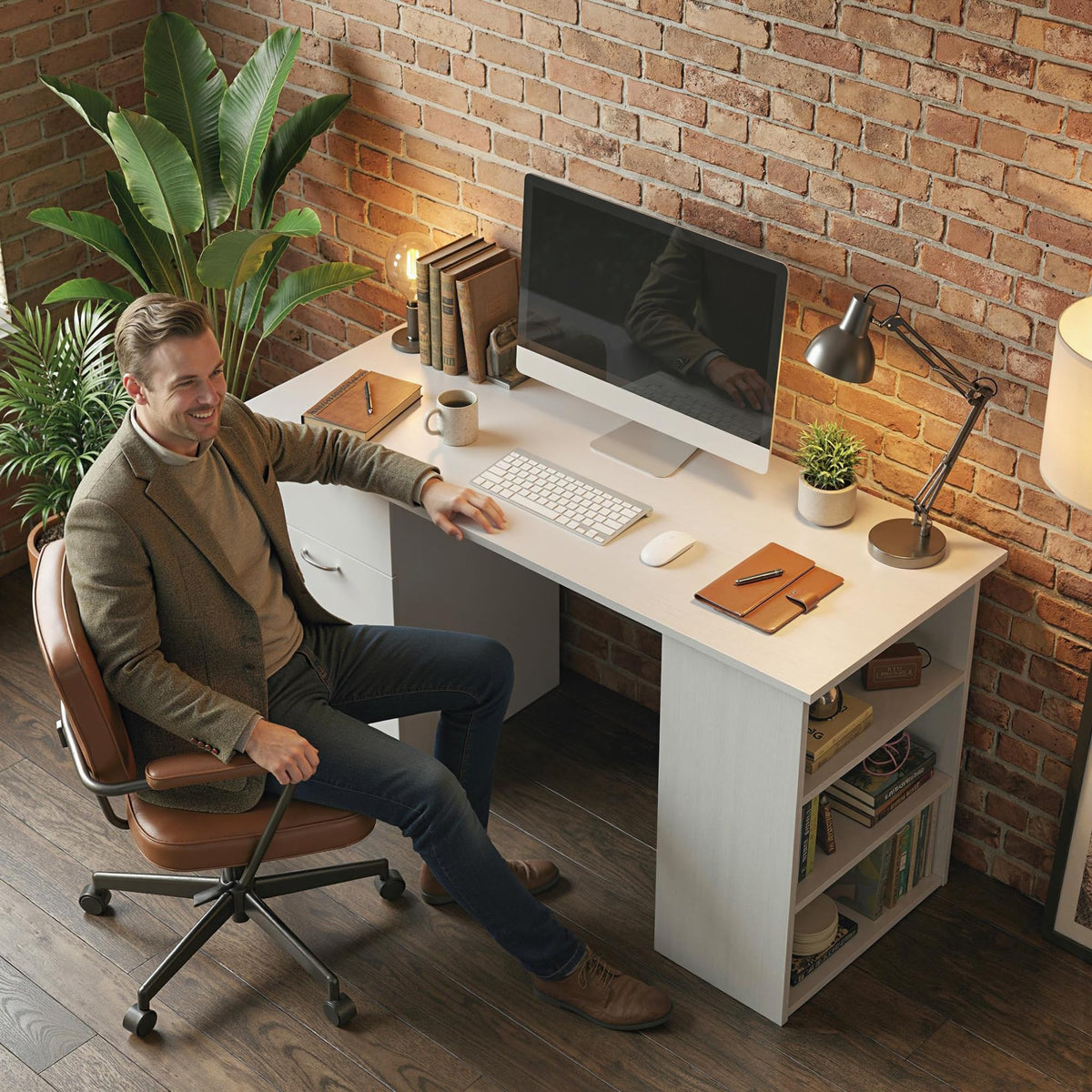 White Computer Desk with Drawers N157