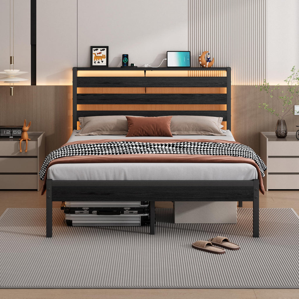 14 Inch Metal Platform Bed Frame with Headboard and USB Charging Station P5218