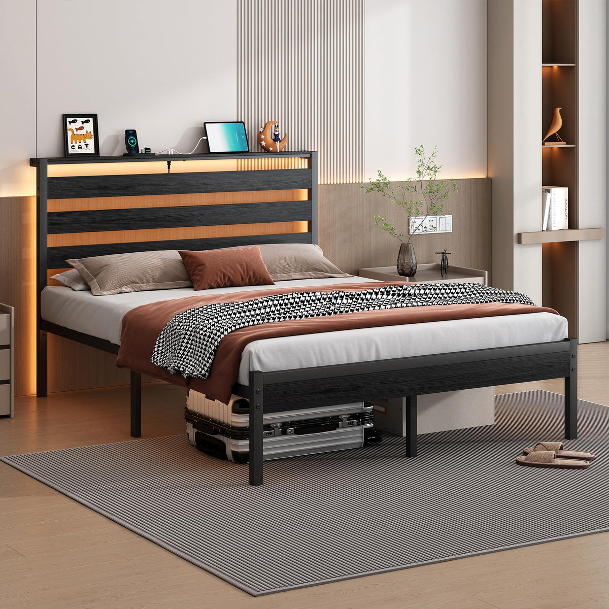 14 Inch Metal Platform Bed Frame with Headboard and USB Charging Station P5218