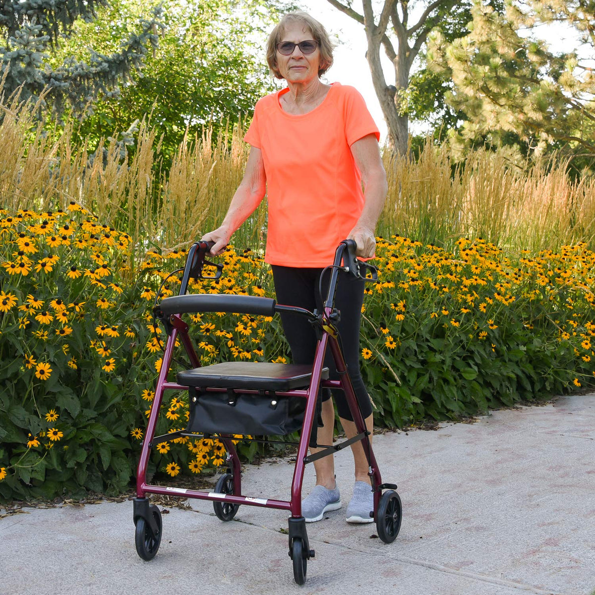 Aluminum Rollator Walker with Seat, 6-inch Wheels, Foldable, Burgundy E1909